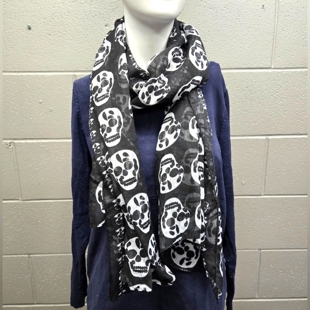 Black Sheer Scarf with White Sugar Skulls